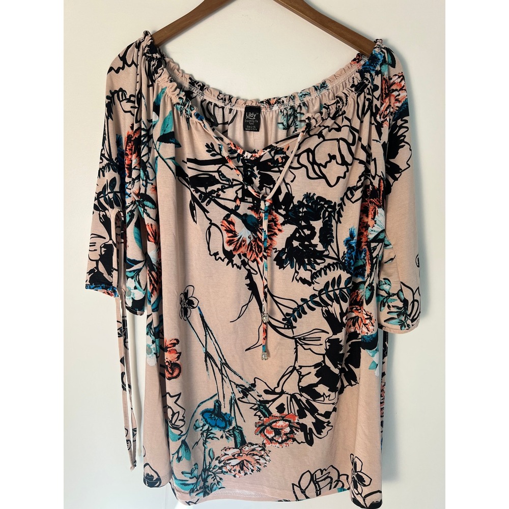 Lildy Drawstring Tie Tunic Wm L-XL Peach Floral Off Shoulder Boho Top Peasant